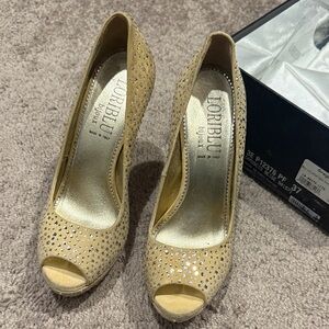 LoriBlu Gold Embellished Peep-Toe Heels